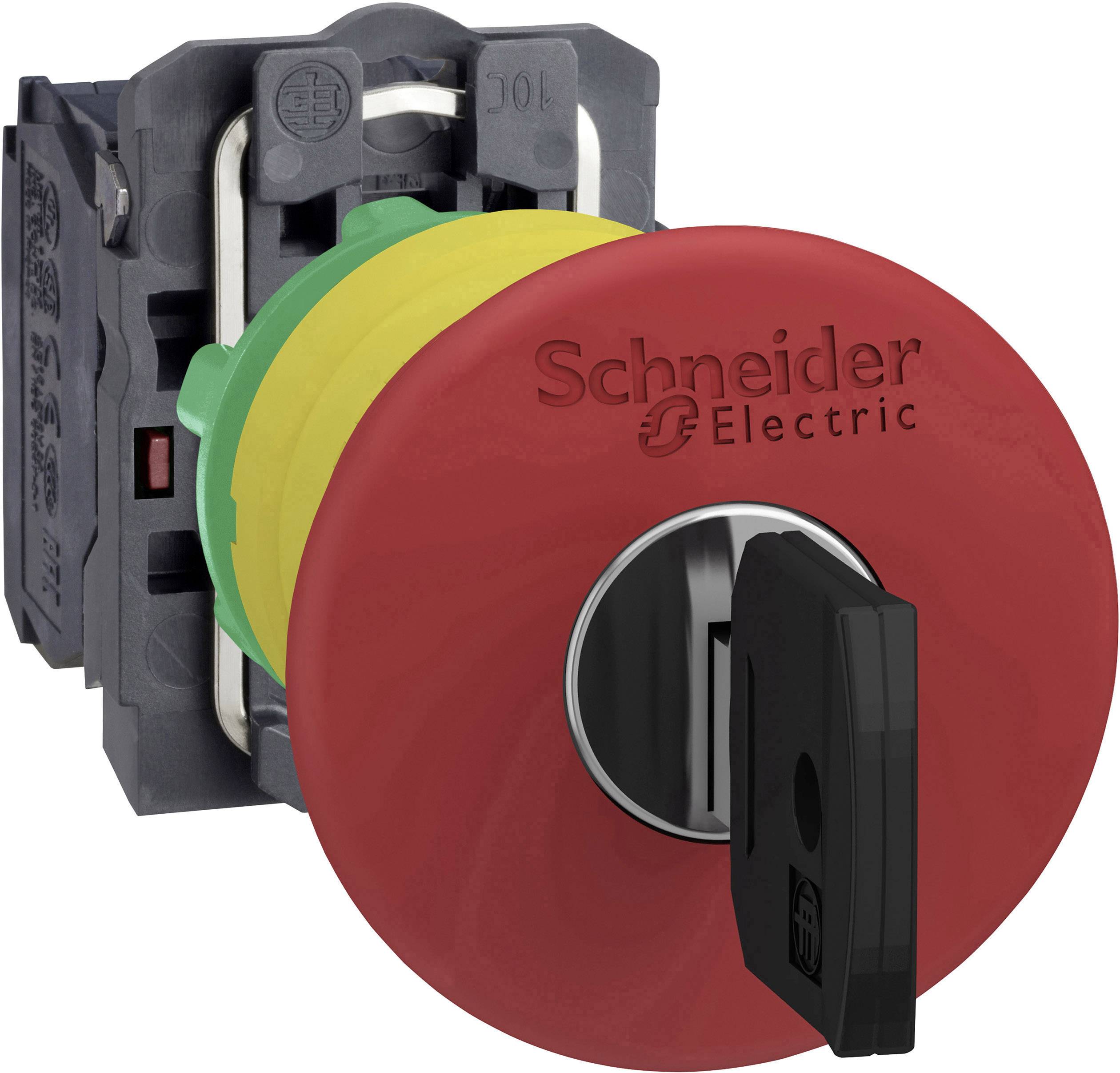 Der Bild zeigt einen Not-Aus-Schalter von Schneider Electric. Der Schalter ist rot mit gelben und grünen Elementen, um Deaktivierung von Maschinen zu ermöglichen.