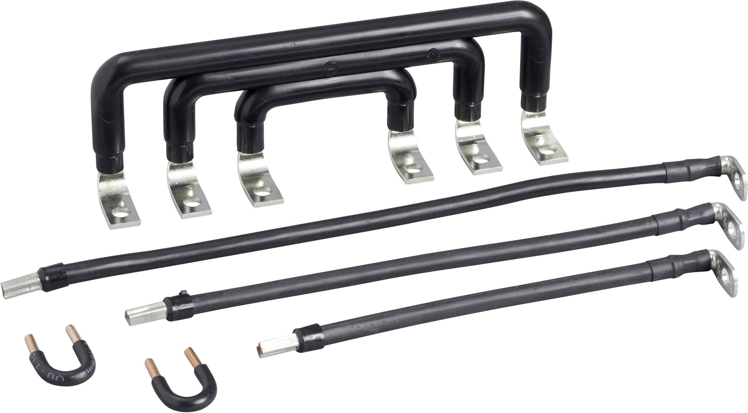 Mehrere schwarze Kupfer-Stromschienen in unterschiedlichen Größen, zur elektrischen Verbindung in Schaltschränken geeignet.