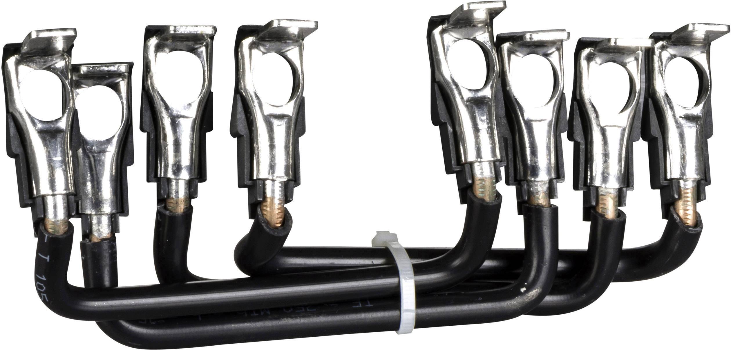 Sechs schwarze Kabel mit metallischen Anschlüssen an einem Ende, in einer Reihe nebeneinander, mit einem weißen Kabelbinder zusammengehalten.