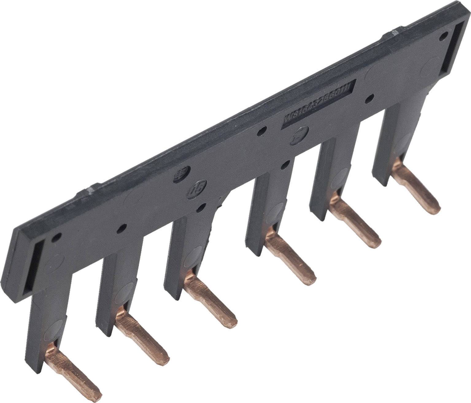Schwerter Verteiler-Kamm für elektrische Sicherungen; schwarze Kunststoffleiste mit sechs kupfernen Anschlusszähnen.