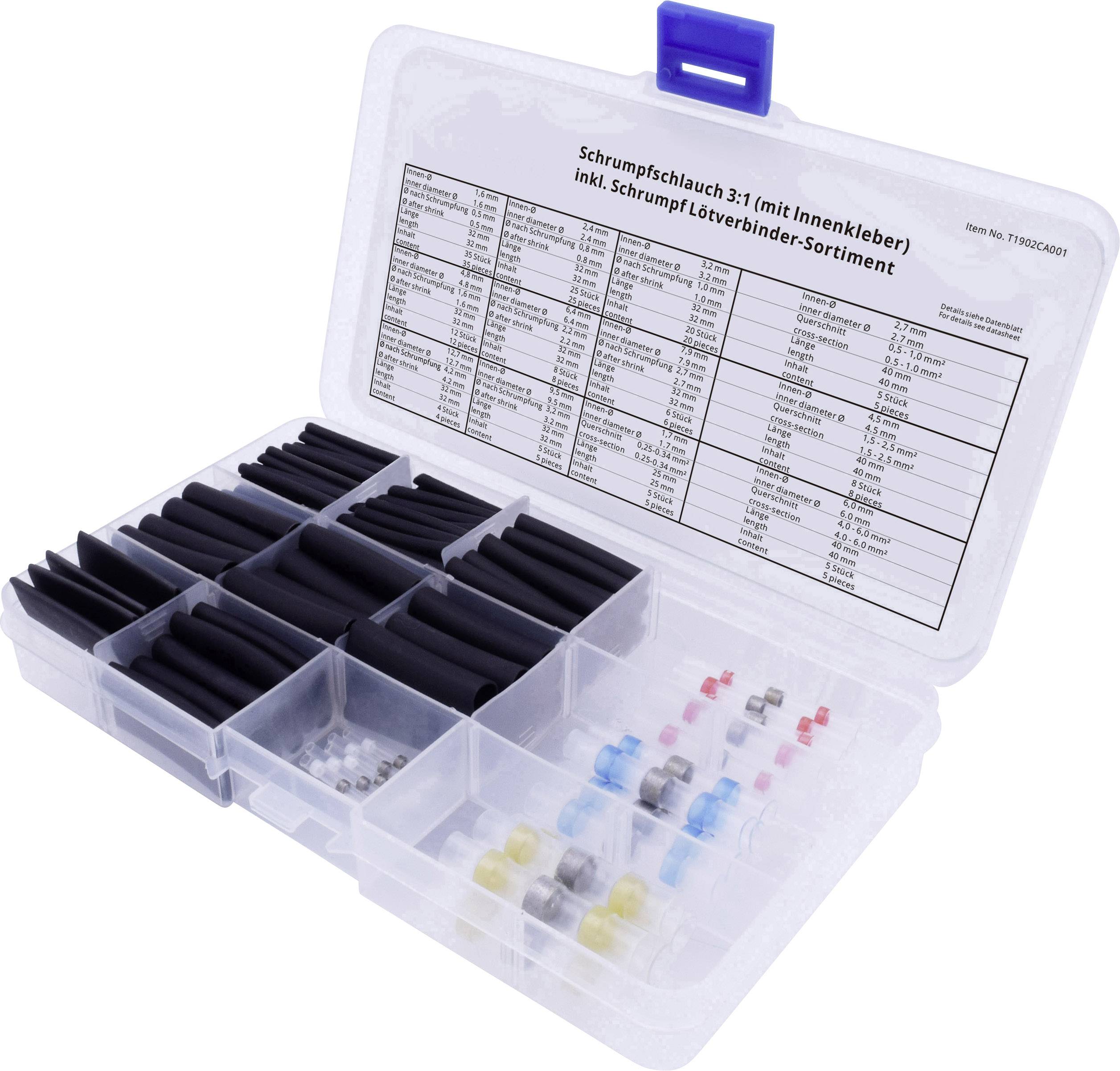 Kunststoffbox mit Schrumpfschläuchen und Schrumpflötverbindern in verschiedenen Größen, geordnet in Fächern mit Beschriftung.