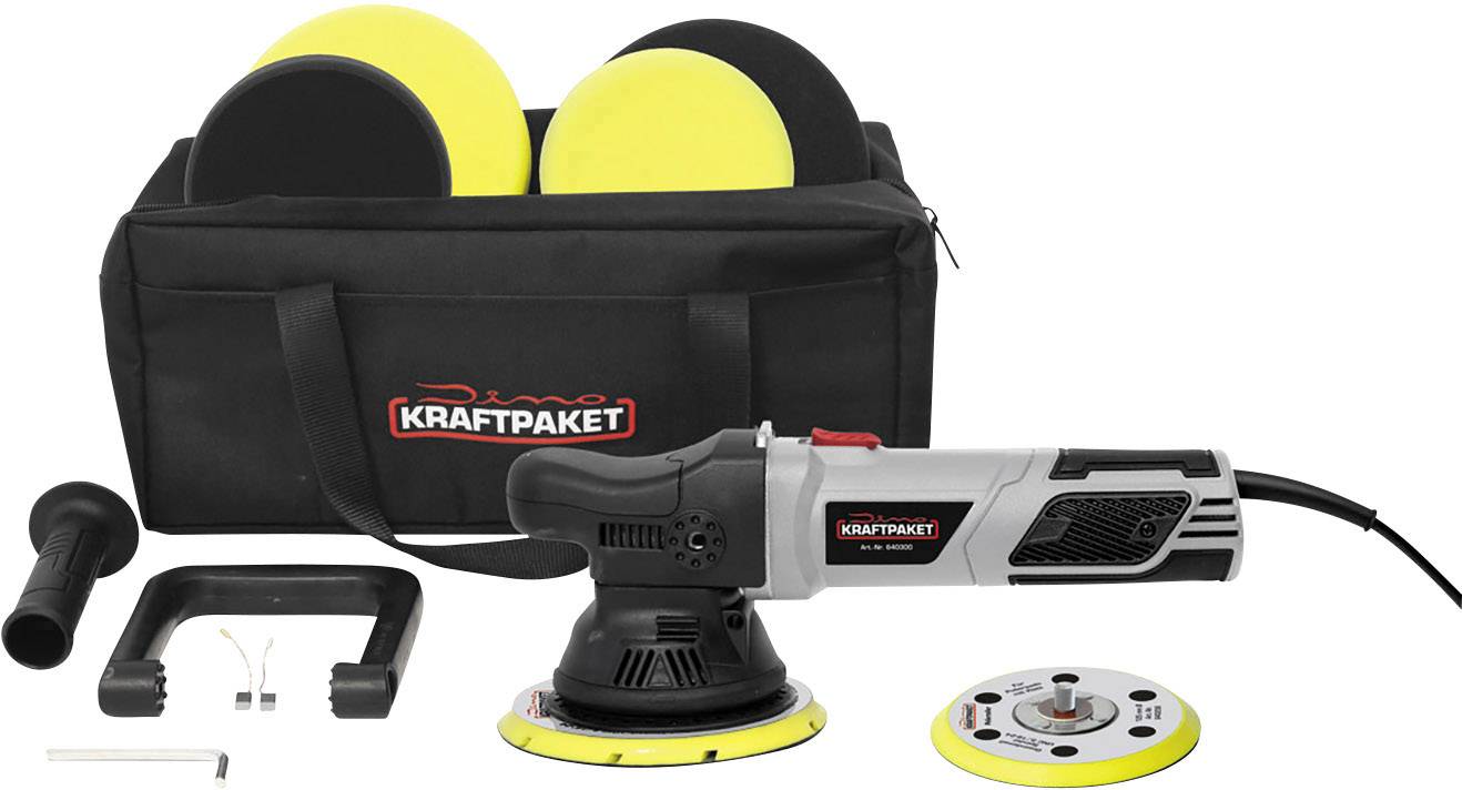 Exzenterschleifer-Set mit Poliermaschine, Zubehör und Tragetasche, Marke 'Kraftpaket'.