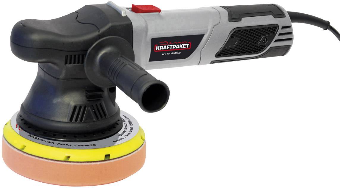 Elektroschleifmaschine mit grauem Griff und orangefarbener Schleifscheibe. Modell 'Kraftpaket' steht auf dem Gehäuse.