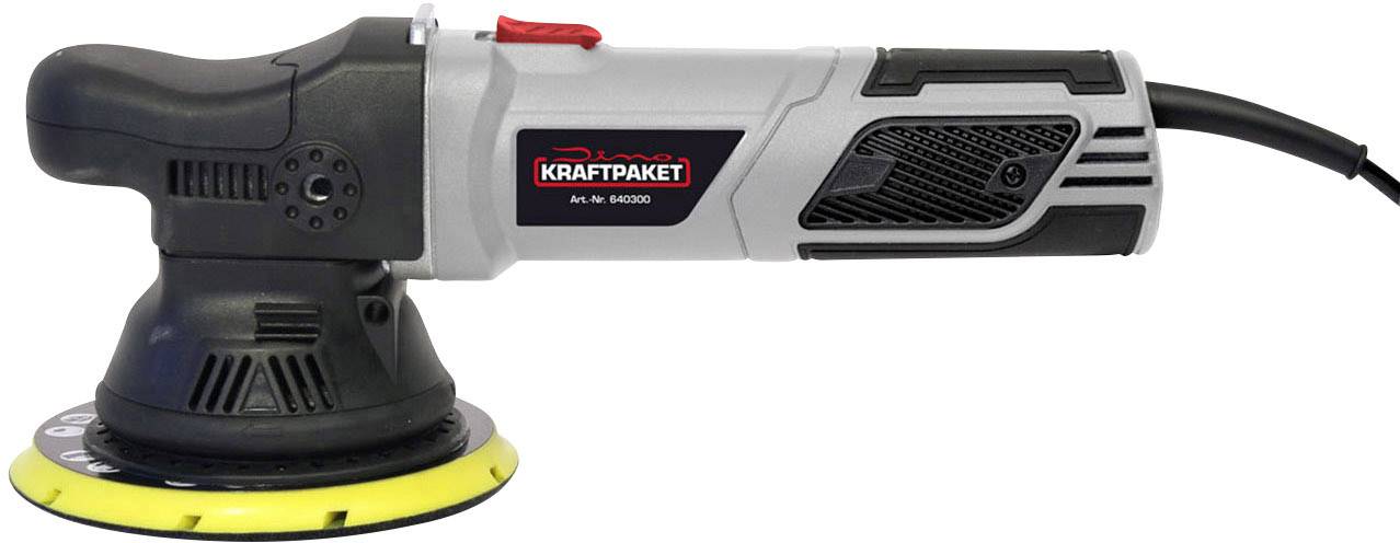 Elektrische Schleifmaschine mit grauem Gehäuse, schwarzem Griff und gelbem Schleifteller. Markenname seitlich sichtbar.