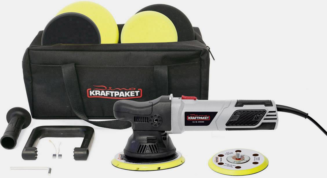 Poliermaschine-Set mit elektrischer Poliermaschine, zwei gelben Polierscheiben, schwarzer Werkzeugtasche und Zubehör.