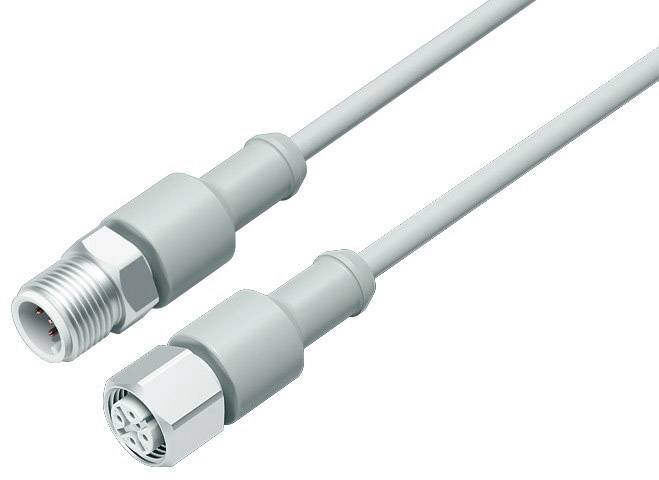 Zwei graue Kabel mit Steckverbindungen: ein Stecker mit Außengewinde und ein Buchsengehäuse. Verwendbar für elektrische Verbindungen.