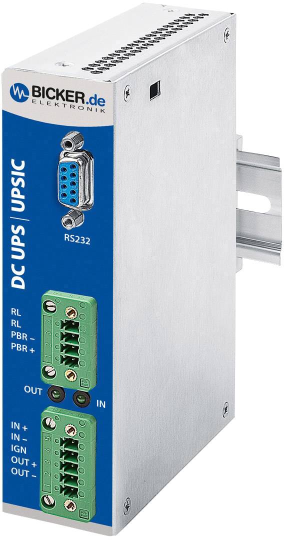 Ein industrielles DC-USV-Modul mit blauer Vorderseite und silbernem Gehäuse, ausgestattet mit RS232-Anschluss und grünen Klemmen.
