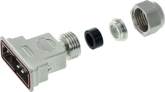 Einzelteile eines D-Sub-Steckverbinders, bestehend aus Gehäuse, Schutzkappe, Dichtungsring und Verschraubung, in grauer Farbe.
