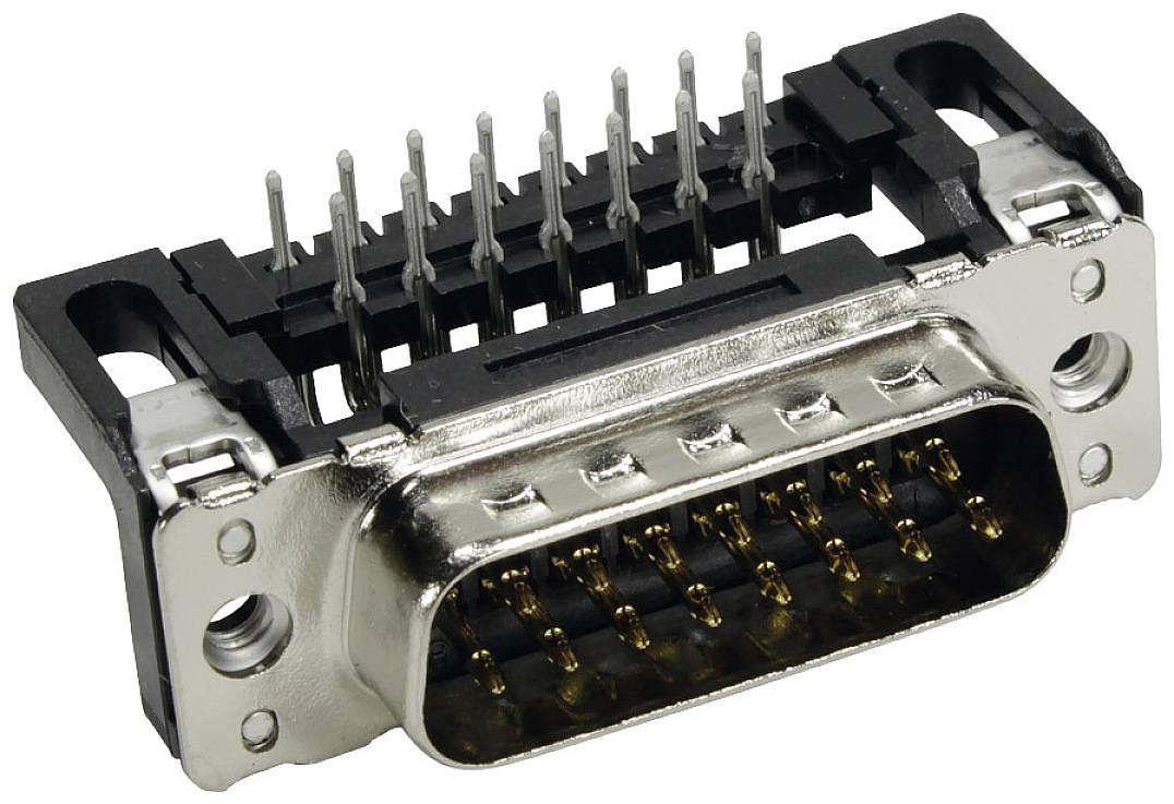 Ein silberner D-Sub-Stecker mit 15 Pins, verwendet für analoge Videoverbindungen und Steuerungsschnittstellen.