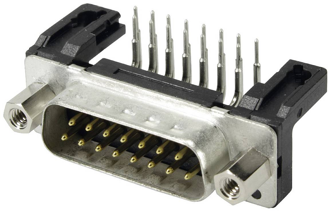 Ein 15-poliger D-Sub-Stecker, häufig für elektronische Verbindungen verwendet. Silbernes Gehäuse mit schwarzen Kunststoffenden.