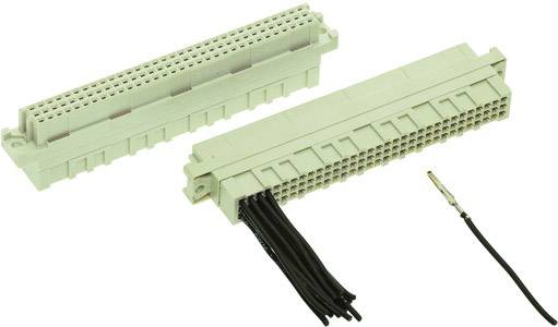 Zwei graue elektrische Steckverbinder und ein Kabel mit Stecker. Der obere Steckverbinder hat viele Pins, der untere Kabelenden.