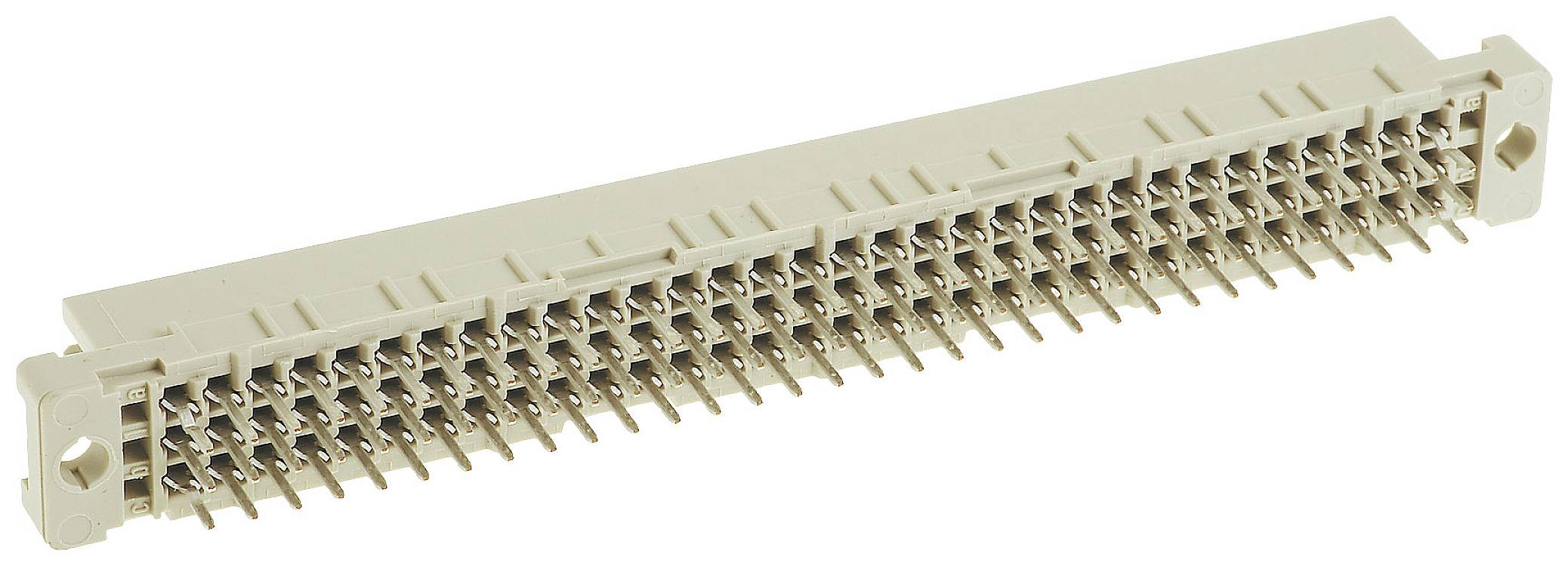 Ein rechteckiger, mehrpoliger Steckverbinder mit mehreren Reihen von Metallstiften, die für elektronische Verbindungen verwendet werden.