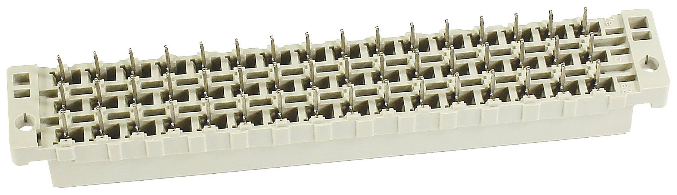 Detaillierter Steckverbinder mit mehreren Reihen von Metallstiften, die aus einem rechteckigen Kunststoffgehäuse herausragen.