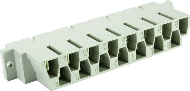 Grauer elektrischer Anschlussblock mit mehreren Steckplätzen, zur Verbindung von Kabeln oder Geräten in elektrischen Schaltkreisen.