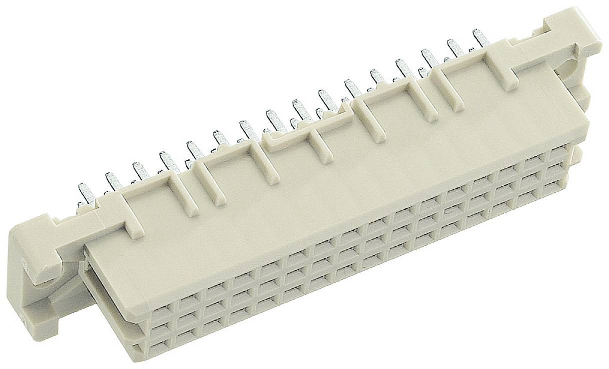 Ein rechteckiger Steckverbinder mit mehreren Metallstiften, die auf einer Seite herausragen. Beige Gehäuse mit zwei Befestigungselementen.
