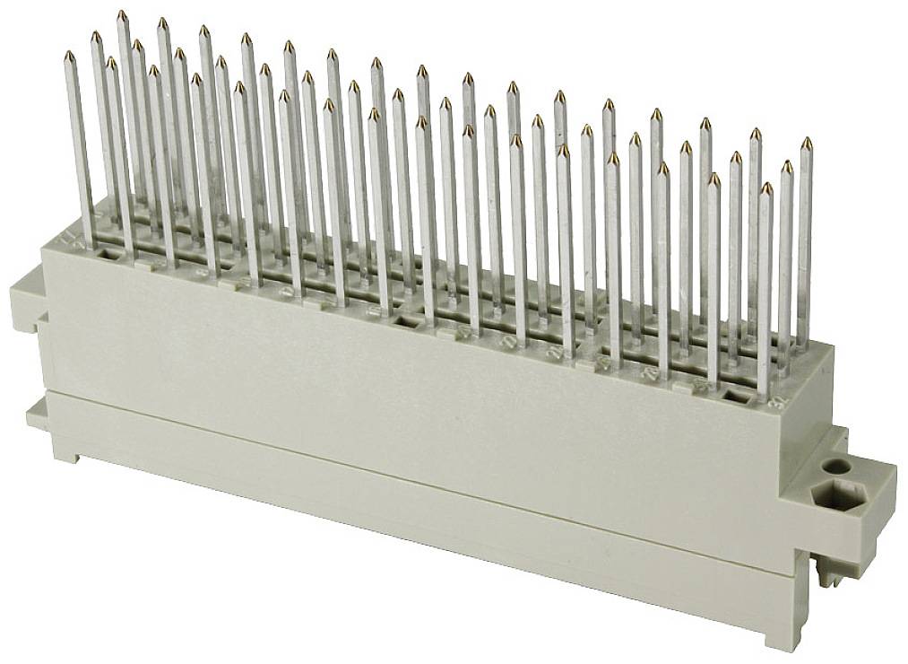 Ein graues Steckverbindergehäuse mit mehreren vertikalen Metallstiften, geeignet für elektronische Geräte oder Leiterplattenverbindungen.