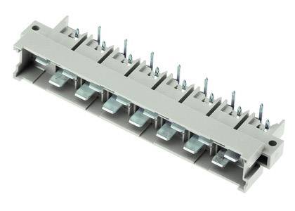 Graues, rechteckiges elektrisches Anschlussmodul mit mehreren Metallstiften und -klemmen zur Verbindung von Kabeln oder Leitungen.