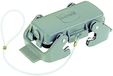 Großer, grauer Industriestecker von Harting mit zwei seitlichen Verriegelungen und Schutzkappe. Hat ein Metall-Logo und ist kabelverbunden.