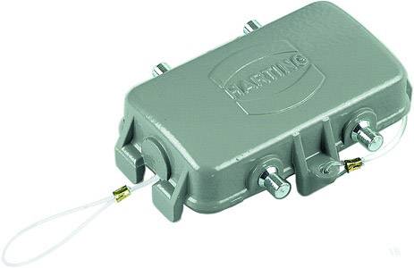Ein grauer elektrischer Steckverbinder mit der Aufschrift 'HARTING', mehreren Schrauben und zwei Kabelverbindungen an den Seiten.
