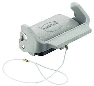 Ein graues Industriesteckverbindergehäuse mit Hebelmechanismus und Kabel, geeignet zum Schutz und zur sicheren Verbindung von Komponenten.