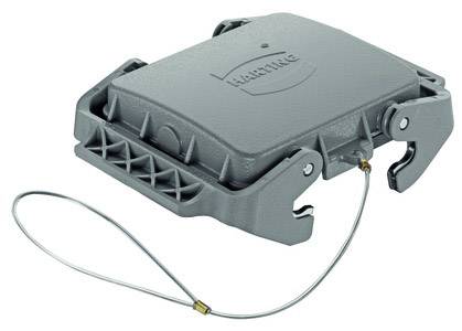 Ein grauer elektrischer Steckverbinder mit Schutzabdeckung, hergestellt von einer bekannten Marke, mit einem integrierten Sicherheitsdraht.