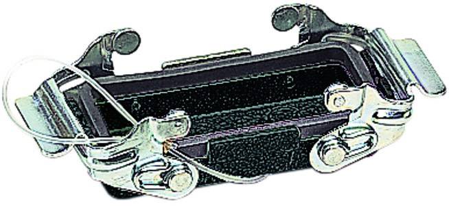 Metallischer Riegelverschluss mit federbelasteten Haken und Drahtgriff, markantes Design für sichere Verriegelung an Behältern.