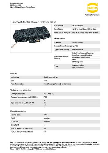 Harting Abdeckkappe 09 37 024 5405 Inhalt: 1St.