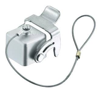 Ein silberner Sicherheits-Karabiner mit Drahtschlaufe, geeignet zum Befestigen von Gegenständen oder for Schutzzwecke.