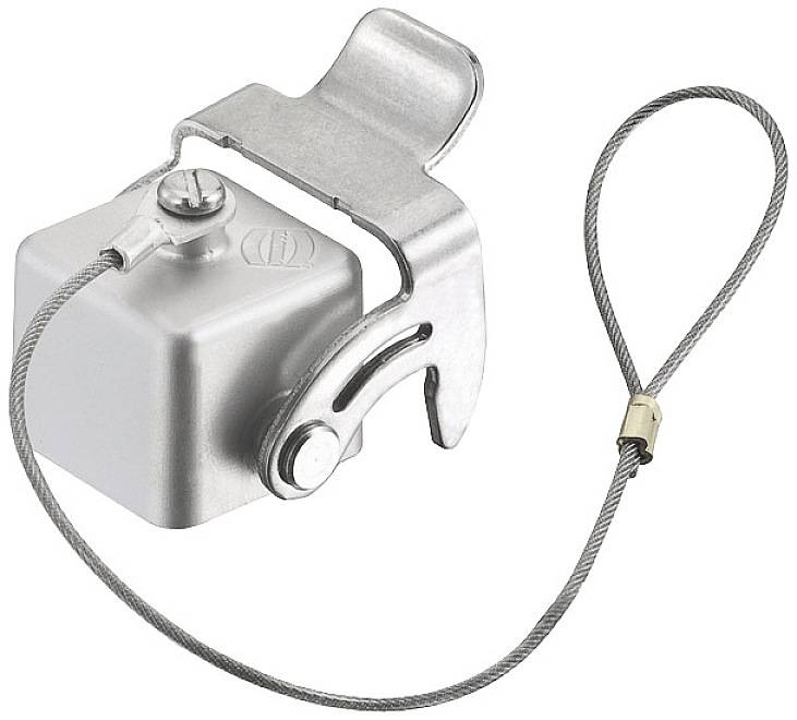 Ein silberner Kabelverschluss mit Drahtschlaufe und Schraubverschluss, geeignet zur sicheren Befestigung von Kabeln.