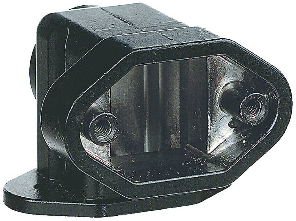 Ein schwarzes, sechseckiges Metallteil mit zwei Gewindebohrungen. Es scheint ein Verbindungselement oder eine Halterung zu sein.