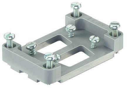 Grauer Plastikrahmen mit Metallplatten und mehreren Schrauben, die in den Ecken befestigt sind.
