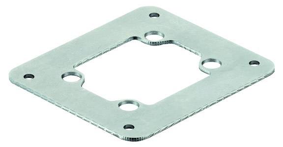 Metallplatte mit quadratischer Aussparung in der Mitte und vier runden Löchern an den Ecken.
