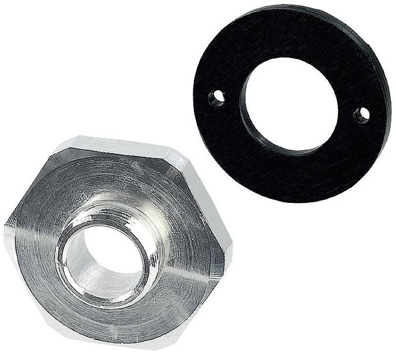 'Metallring mit sechseckiger Form' und kreisförmige schwarze Dichtung, verwendet in mechanischen Anwendungen zur Abdichtung.