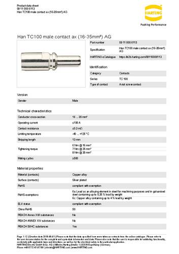 Harting Axialschraubkontakt 09 11 000 6113 Inhalt: 1St.