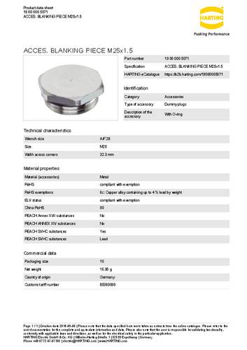 Harting Blindstopfen 19 00 000 5071 Inhalt