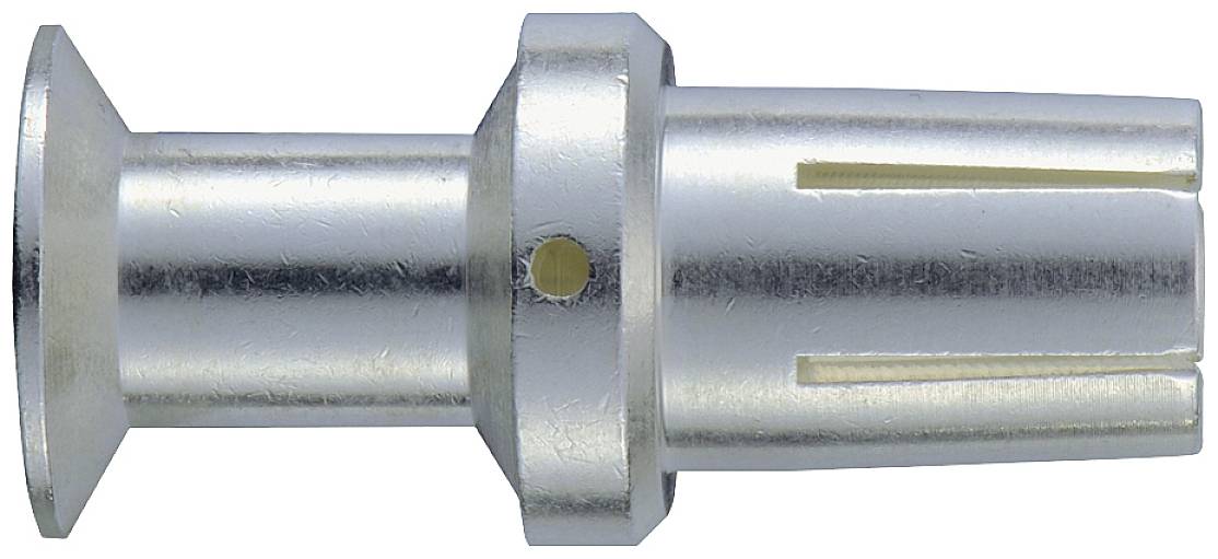 Ein metallischer Bolzen mit einer konischen und zylindrischen Form. Der Bolzen hat einen sichtbaren Schlitz und einen gelben Punkt.