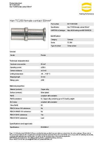 Harting Buchsenkontakt 09 11 000 6228 Inhalt: 1St.