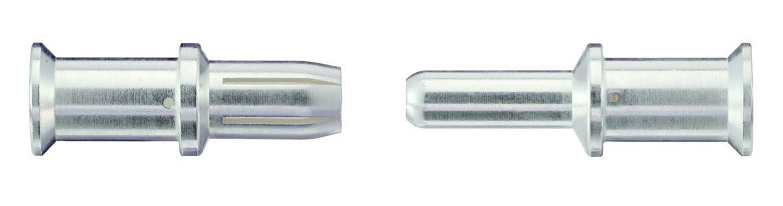 Zwei silberne metallische Stecker in Nahaufnahme, nebeneinander dargestellt, zeigen unterschiedliche Ansichten ihrer Form.