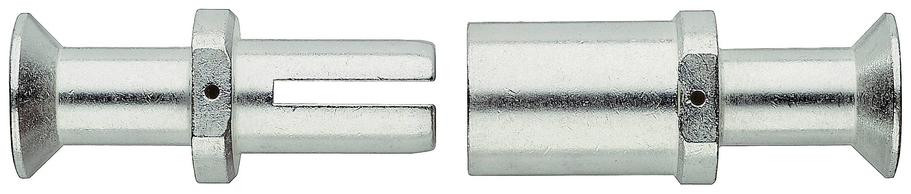 Zwei Metallteile, die zusammenpassen. Links ein Teil mit Gabelende, rechts ein zylindrisches Teil. Beide sind silbern und haben Bohrlöcher.