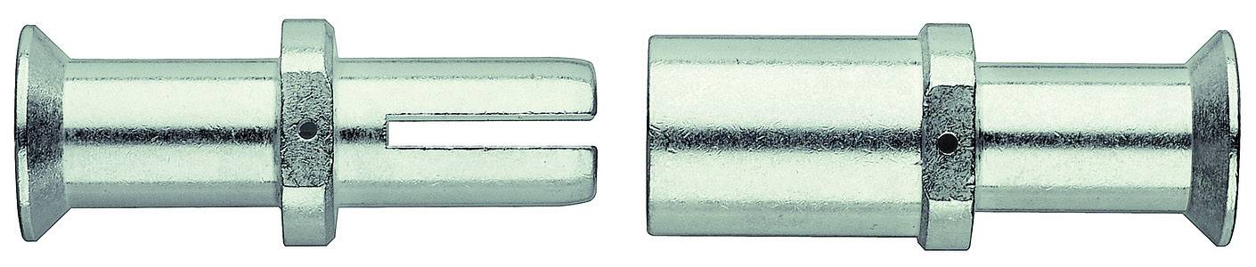 Zwei metallische Rohrverbinder; links einer mit offener Buchse, rechts einer mit geschlossener Buchse.