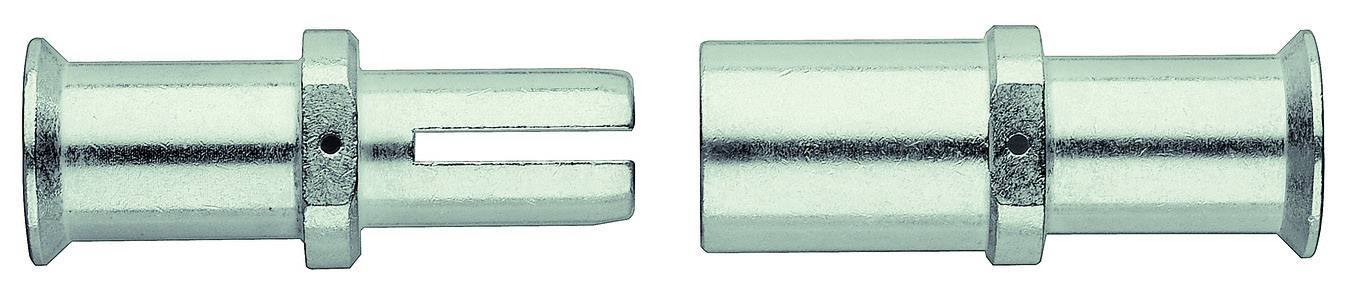 Zwei zylindrische Metallteile, eines mit einem Schlitz, das andere geschlossen. Sie scheinen zusammenzupassen, möglicherweise als Verbindungselemente.