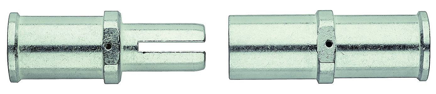 Metallische Doppelnippel-Verbinder in Zylinderform, einer mit einem Schlitz.