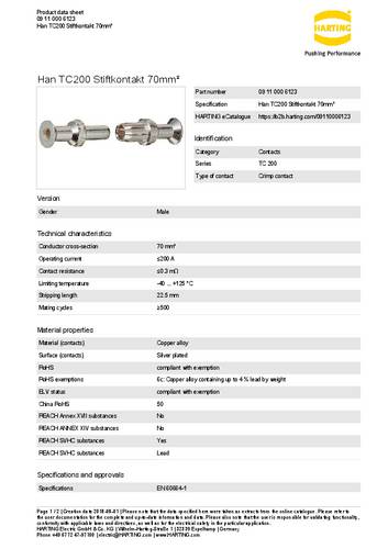 Harting Stiftkontakt 09 11 000 6123 Inhalt: 1St.