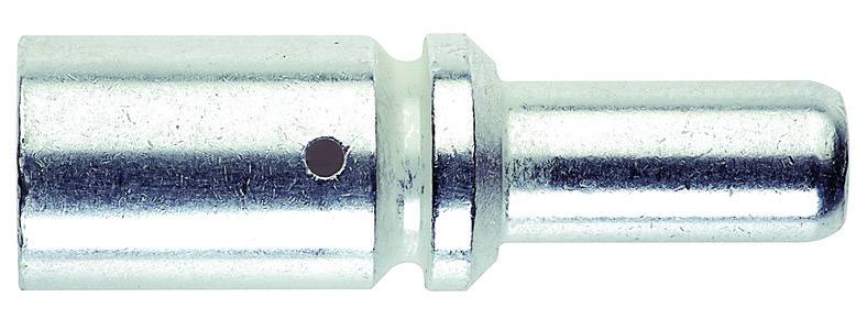 Ein silberner Metallstecker mit zylindrischer Form und einem Loch auf der linken Seite, auf weißem Hintergrund.