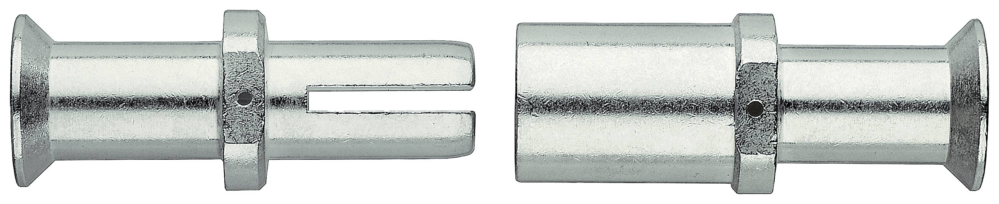 Zwei silberne Metallsteckverbinder, einer mit einer Schlitzaussparung, der andere mit einer passenden runden Struktur, gegenüberliegend.