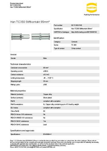 Harting Stiftkontakt 09 11 000 6143 Inhalt: 1St.