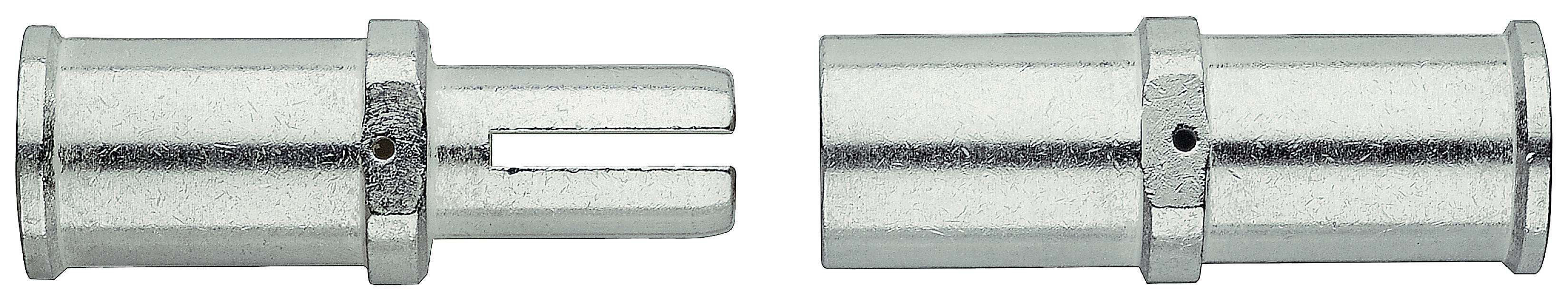 Zwei metallische Stecker; linker Stecker mit offener Spitze, rechter Stecker mit geschlossener Spitze; beide zylindrisch geformt.