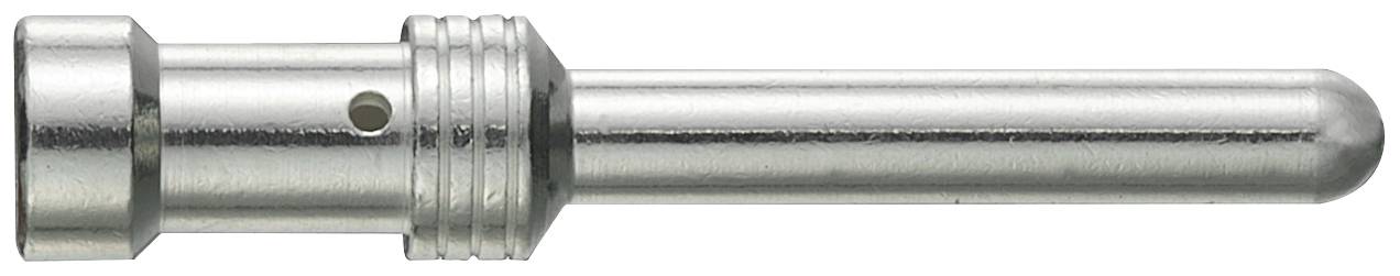 Ein silberner Metallstift mit Rillen und einem Loch in der Mitte, vermutlich ein Verbindungselement oder Maschinenteil.