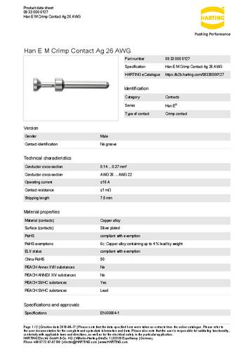 Harting Stiftkontakt 09 33 000 6127 Inhalt