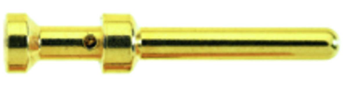 Ein goldenes Metallteil in Form eines Stifts mit geraden Kanten und einem schmalen Mittelteil, möglicherweise ein elektrischer Kontaktstift.